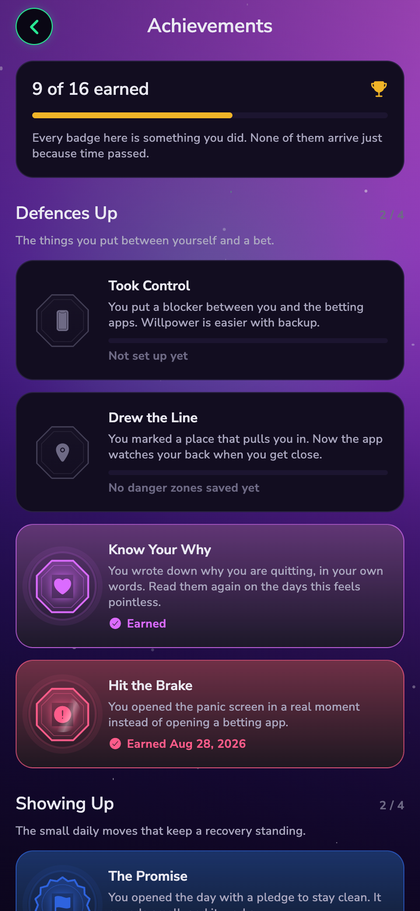 ALLiN achievements screen showing the badge shelf