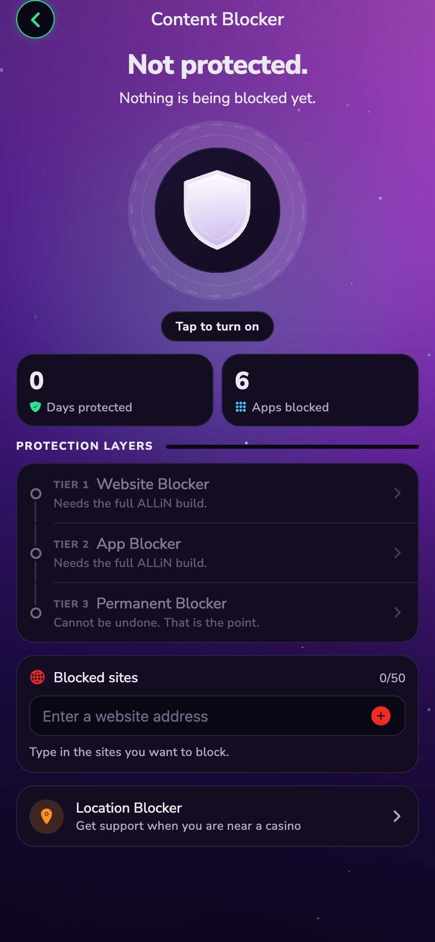 The ALLiN blocker screen, with the shield control over the app's violet background