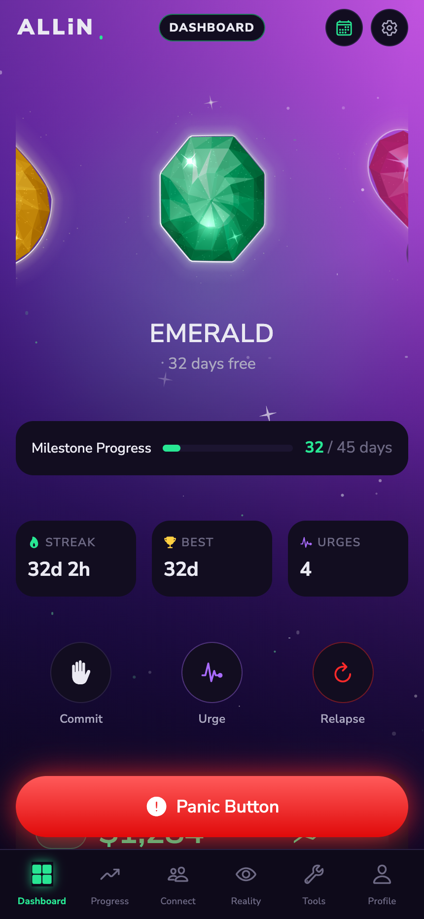 ALLiN dashboard showing the Emerald streak gem, a 31 day streak, milestone progress, and the red panic button