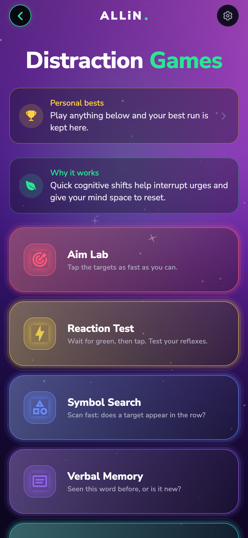 ALLiN distraction games screen with Aim Lab, Reaction Test, Symbol Search, and Verbal Memory