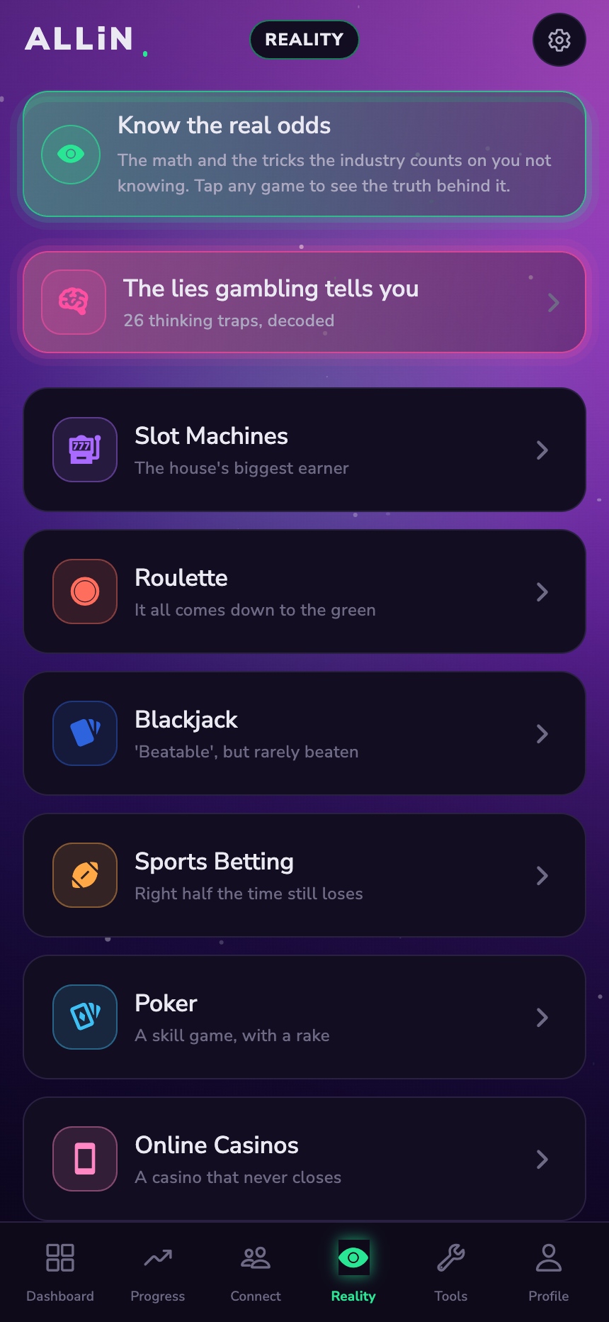 ALLiN Reality tab listing gambling types like slot machines, roulette, and sports betting with honest subtitles