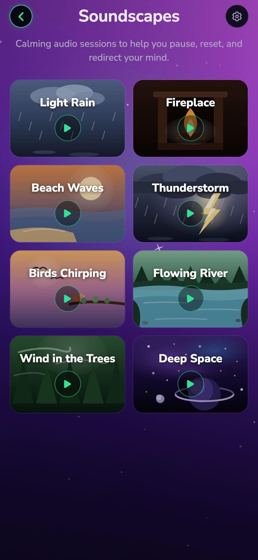 ALLiN soundscapes screen with eight illustrated sound cards including light rain, fireplace, and beach waves