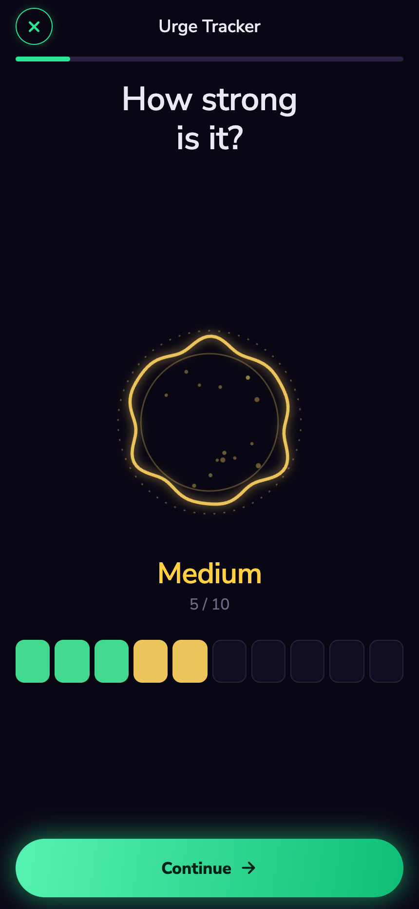 ALLiN urge tracker asking how strong is it, with a glowing amber ring reading medium five out of ten and a ten segment intensity picker