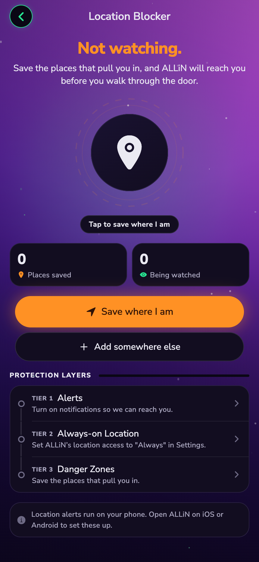 ALLiN Location Blocker screen with the location pin circle and the Turn on alerts button